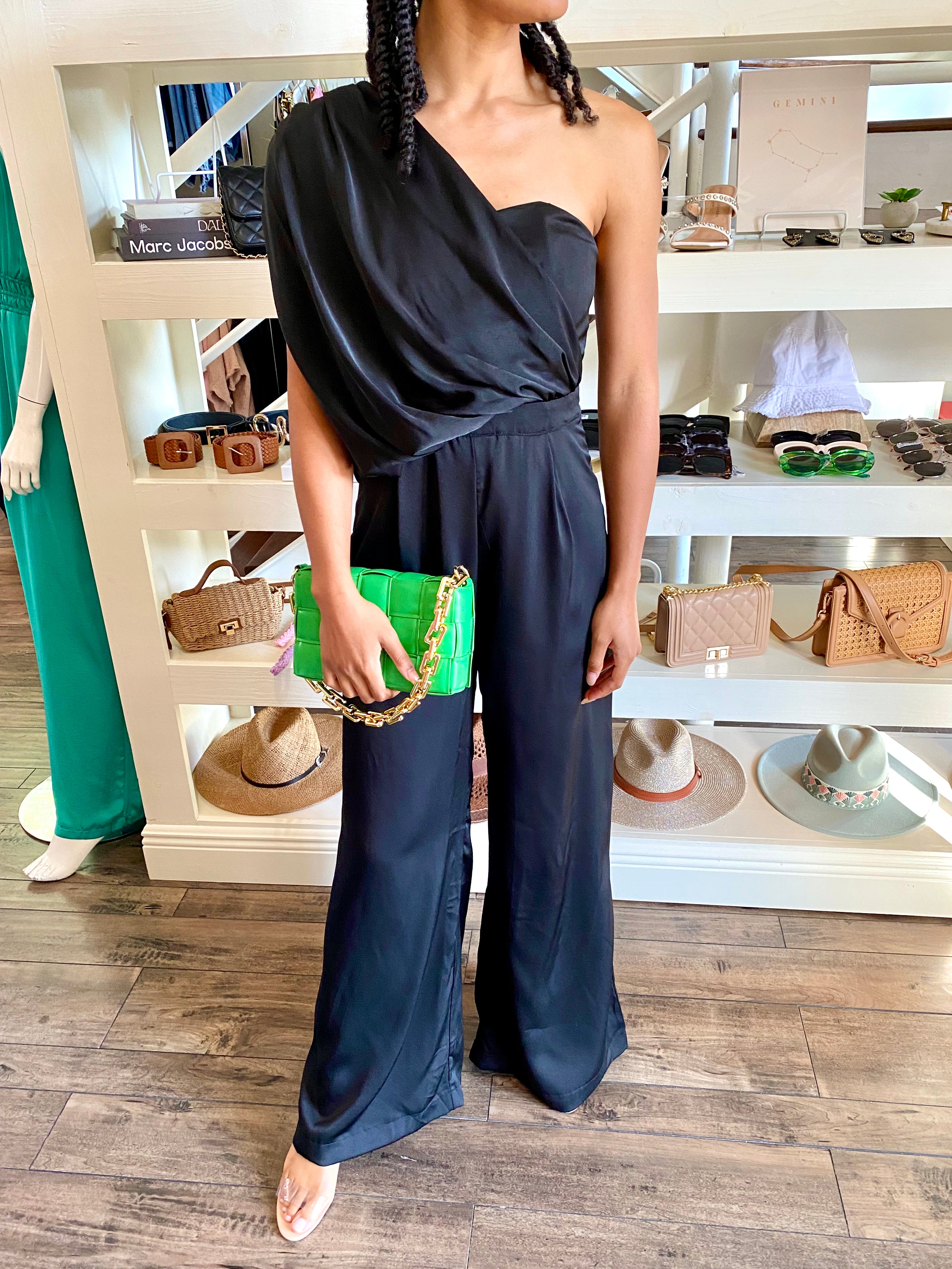 Black Drape One Shoulder Jumpsuit